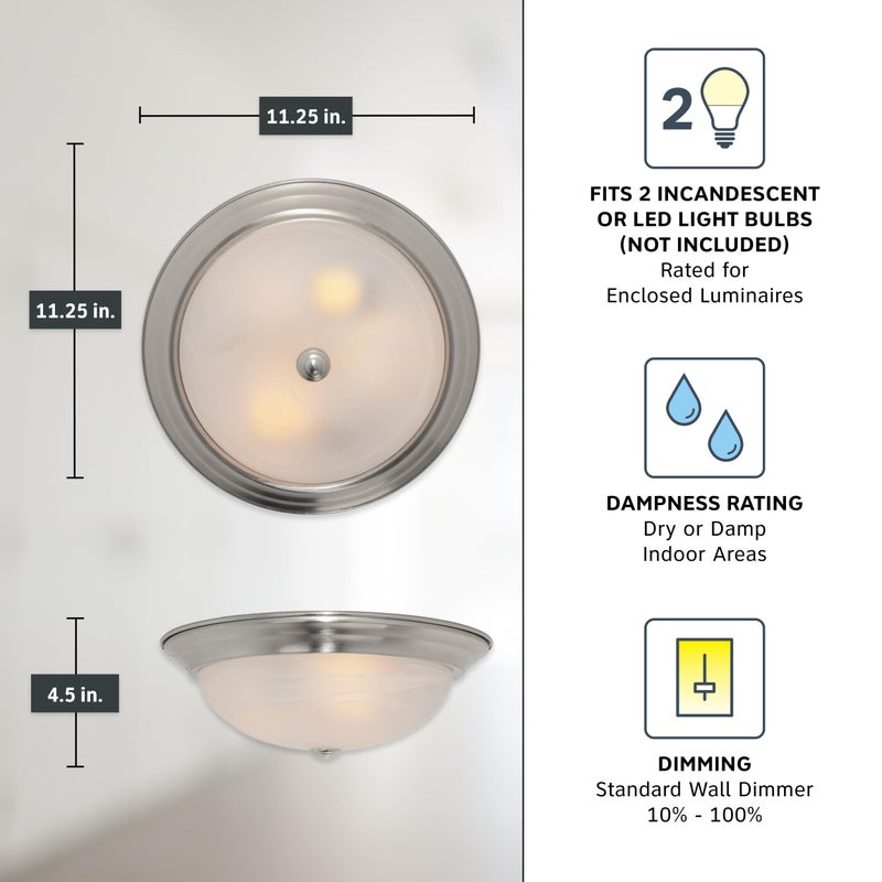 DESIGNERS FOUNTAIN Reedley 2-Lights Flush Mount Ceiling Light, 11 Inch Lighting Fixture for Kitchen, Bedroom, Bathroom, and Hallway, White Alabaster Glass, Satin Platinum, 1257S-SP-AL - Image 4